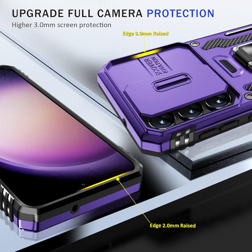 BaHaHoues for Samsung Galaxy S23 Case with Slide Camera Cover and 360^0 Rotatable Magnetic Kickstand Ring, Military Grade Shockproof Protective Case for Galaxy S23 5G (Purple)
