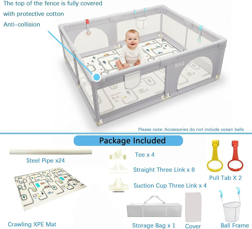 Large Baby Playpen with Mat Anti-Slip Base Breathable Mesh Ocean Balls 150x200cm
