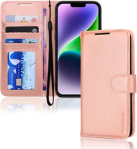 TECHGEAR iPhone 14 Leather Wallet Case, Flip Protective Case Cover with Wallet Card Holder, Stand & Wrist Strap - Rose Gold PU Leather with Magnetic Closure for iPhone 14 6.1"