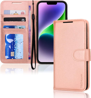 TECHGEAR iPhone 14 Leather Wallet Case, Flip Protective Case Cover with Wallet Card Holder, Stand & Wrist Strap - Rose Gold PU Leather with Magnetic Closure for iPhone 14 6.1"