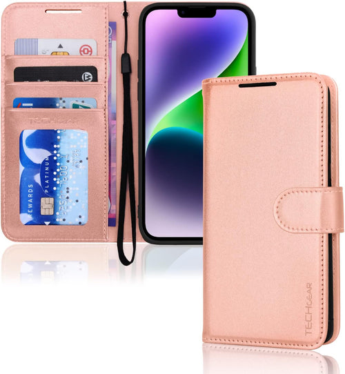 TECHGEAR iPhone 14 Leather Wallet Case, Flip Protective Case Cover with Wallet Card Holder, Stand & Wrist Strap - Rose Gold PU Leather with Magnetic Closure for iPhone 14 6.1"