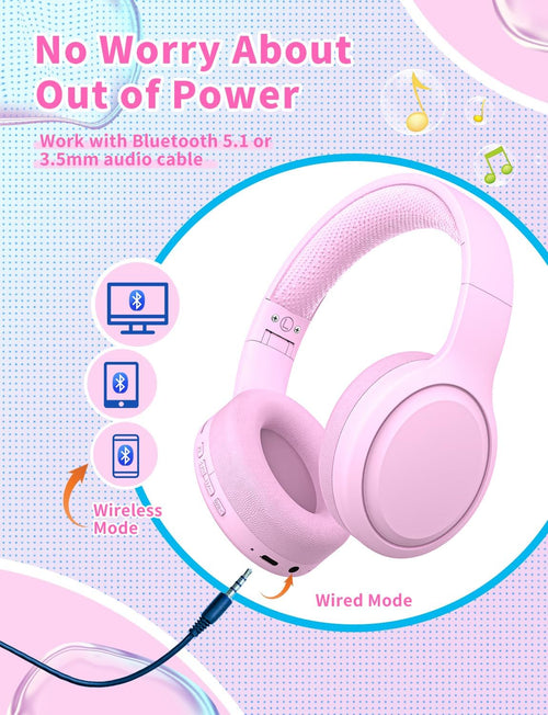 Xunpuls Kids Bluetooth Headphones,Foldable On Ear Wireless Headphone,Stereo Sound with MIC,10H Playtime,Bluetooth 5.3,Kids Wireless Headphones Over Ear for Kid Adult School Online Class (Pink)