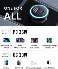 INIU Car Charger, Cigarette Lighter USB Charger Total 66W [USB C 36W+A 30W] 12V USB Socket, PD3.0 Fast Charge Car Phone Charger Metal Adapter for iPhone 16 15 14 13 12 11 Pro Max iPad Samsung Google