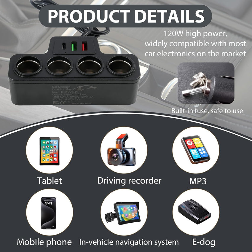 120W 7 in 1 Car Cigarette Lighter USB Charger, Multi Socket Car Charger Splitter Adapter with 4 Sockets and 3 USB Ports QC 3.0 USB 3.1 PD 3.1, Multi Device Fast Charging for 12V 24V Vehicles, Phones