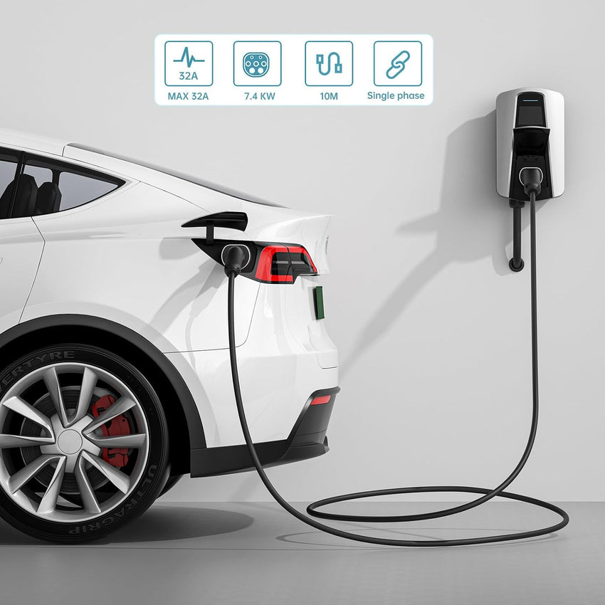 QIAO)) Type 2 EV Charging Cable, 7.4kW 10M 32A Single Phase, Electric Vehicle Type 2 to Type 2 IEC 62196 EV Charger Cable, EVs/Plug-in Hybrid Fast Car Charging Cable with Carry Bag