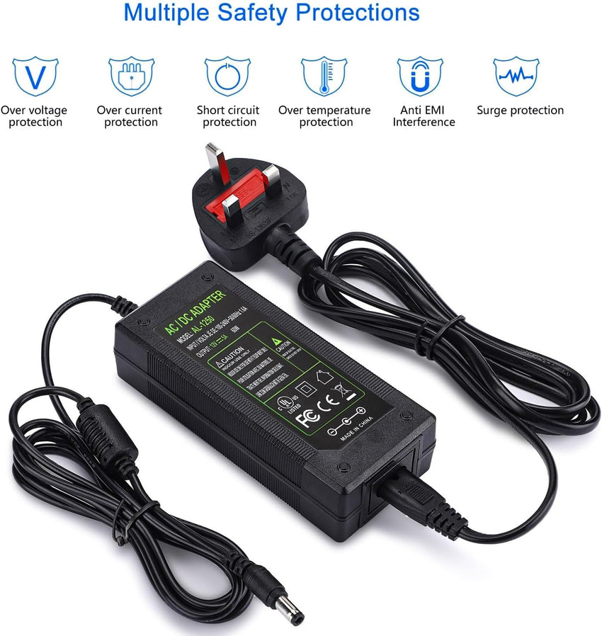 DC 12V 5A Power Supply Adaptor 60W, AC 100-240V to DC 12 Volt Power Adapter UK Plug for Monitors TV DVDTVs Amplifier Cameras System (12V 5A)