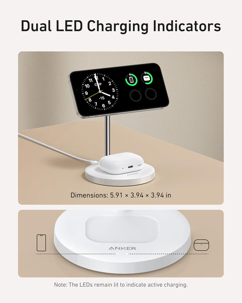 Anker MagGo 2-in-1 Wireless Charging Station, MagSafe Charger Compatible, Qi2 Certified 15W Wireless Stand, Apple Watch Charger for iPhone 16/15/14 Series, AirPods (No AC Adapter)