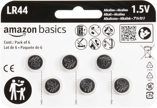Amazon Basics 6-Pack LR44 Alkaline Button Coin Cell Battery, 1.5 Volt, Long Lasting Power, Mercury-Free,packaging may vary