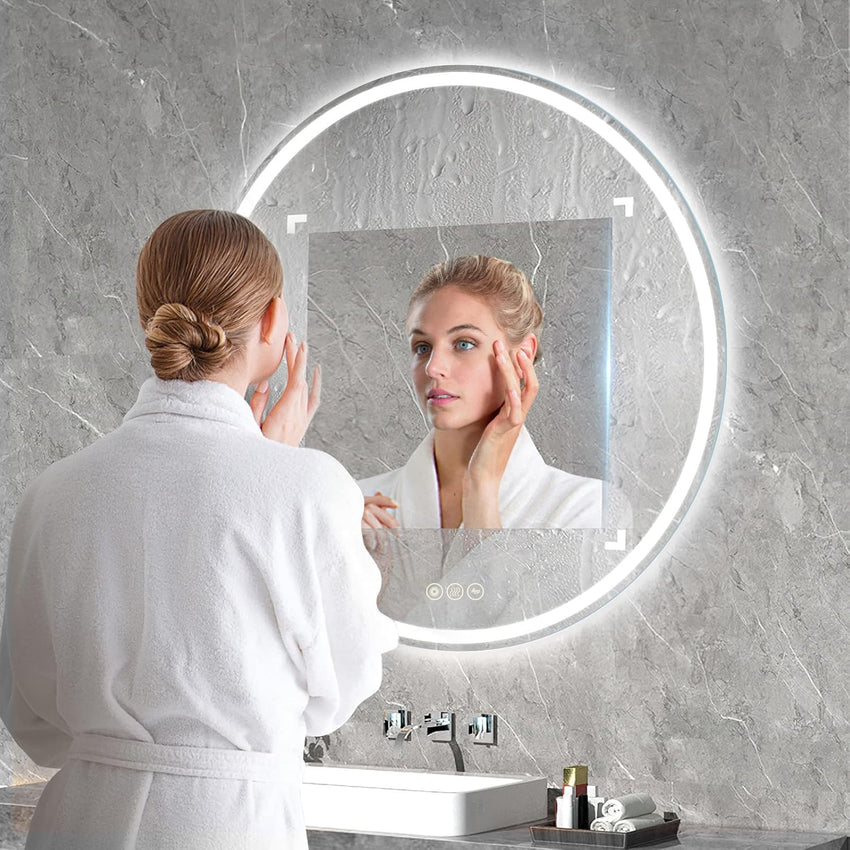 AI-LIGHTING 40cm Round LED Mirror Bathroom Circular Mirror with Lights Illuminated Anti-Fog Backlit Light Up Circle Mirror Touch Switch Color Change Demister IP44 Dimmable