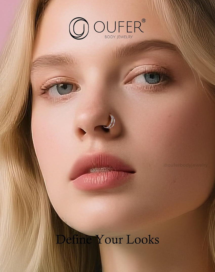 20G Nose Ring Hoops, Double Line CZ Opal Helix & Tragus Earrings â Silver