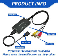 Clydewy RCA to HDMI Converter AV to HDMI Adapter 720P/1080P RCA Composite CVBS Adapter for PS2 PS3 STB Xbox VHS VCR PC Laptop TV Blue-Ray DVD Players AV Red Yellow and White Cable Multi Port