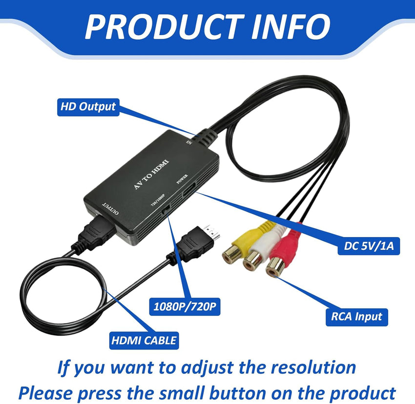 Clydewy RCA to HDMI Converter AV to HDMI Adapter 720P/1080P RCA Composite CVBS Adapter for PS2 PS3 STB Xbox VHS VCR PC Laptop TV Blue-Ray DVD Players AV Red Yellow and White Cable Multi Port