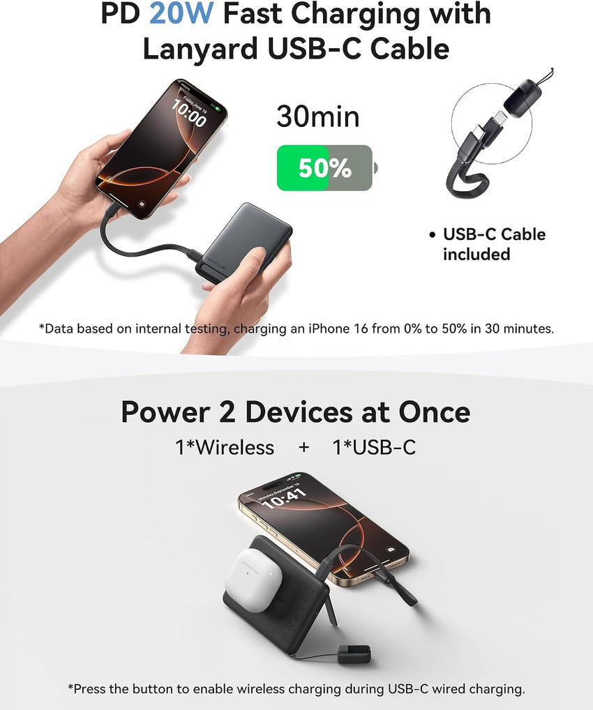INIU Magnetic 5000mAh Power Bank Qi2 20W USB-C In/Out Foldable Stand - Blue
