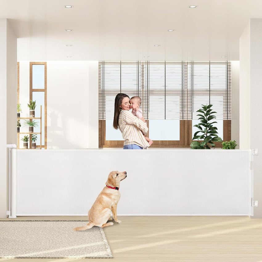 HollyHOME Retractable Stair Gate 300cm Extra Wide One-Hand Operation Baby Gate Safety Gate for Baby and Pets Indoor & Outdoor,White