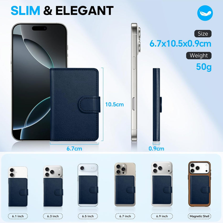 SHIELDON Magnetic Card Holder, Genuine Leather, RFID Blocking, 6 Card Slots, ID Window, Slim Pocket Wallet Compatible with iPhone 16/15/14/13/12 & Magnetic Cases - Navy Blue