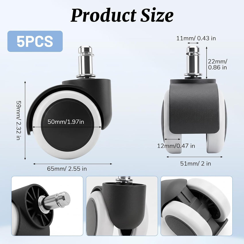 Heavy Duty Rubber Chair Castors 5-Pack Swivel Replacement Wheels