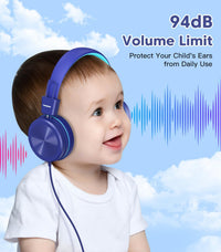 Cowyawn Kids Headphones, Toddler Headphones with Safe Volume Limiter 94dB, Wired School Headphones for Kid, 3.5mm Adjustable On-Ear Headphone for Boys/Girls/Children/Teens/iPad/Computer, Dark Blue