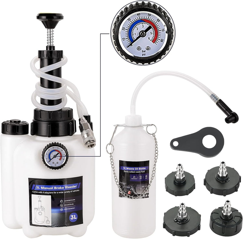 DASBET 3L Manual Brake Bleeder Kit with 1L Fluid Bottle & Adapters Professional