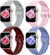Yoohoo Straps 4 Pack, Compatible with Apple Watch Straps 38mm/40mm/41mm, Soft & Smooth Silicone, Buckle Strap Compatible with iWatch Series 7, SE, 6, 5, 4, 3, 2, 1, Grey/Pink/Lavender/Wine Red