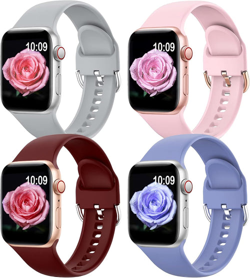 Yoohoo Straps 4 Pack, Compatible with Apple Watch Straps 38mm/40mm/41mm, Soft & Smooth Silicone, Buckle Strap Compatible with iWatch Series 7, SE, 6, 5, 4, 3, 2, 1, Grey/Pink/Lavender/Wine Red