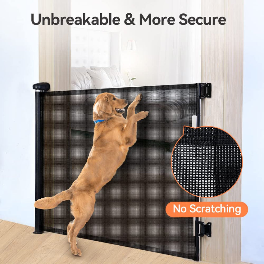COMOMY Retractable Baby Gate for Stairs, 0-140cm Mesh Dog Gate for House Doorways Hallways, 84cm Tall Extra Wide Child Safety Gate for Kids Pets, Indoor and Outdoor (Black)