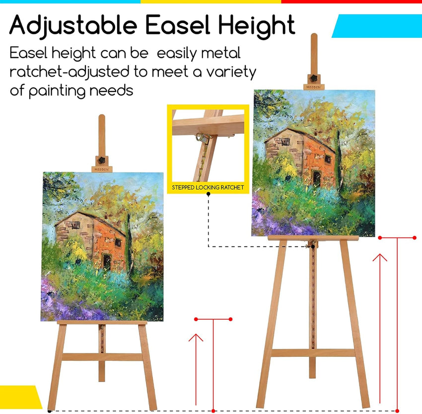 MEEDEN Painting Wooden Artist Easel: Solid Beechwood Display Easel Hold Canvas up to 109cm - Adjustable Art Easel Stand for Adults Beginner Studio Gallery Exhibition - Natural
