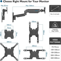 BONTEC Monitor Arm Wall Mount READ DESC for 13-42 Inch Screens, Gas Spring Arm Holds 3-9KG, Adjustable Tilt Swivel Rotation, Heavy Duty Wall Mounted Arm with VESA