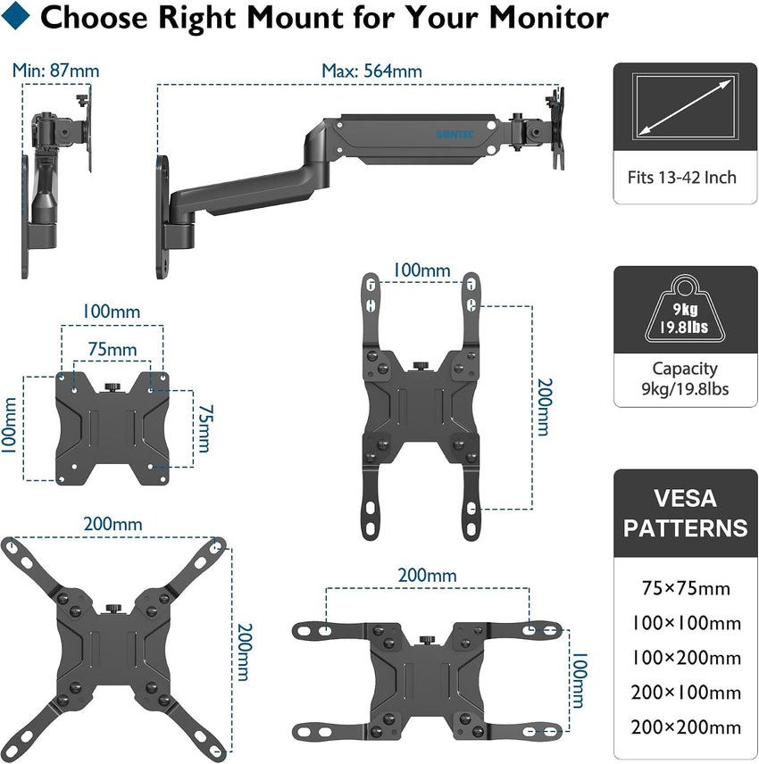 BONTEC Monitor Arm Wall Mount READ DESC for 13-42 Inch Screens, Gas Spring Arm Holds 3-9KG, Adjustable Tilt Swivel Rotation, Heavy Duty Wall Mounted Arm with VESA