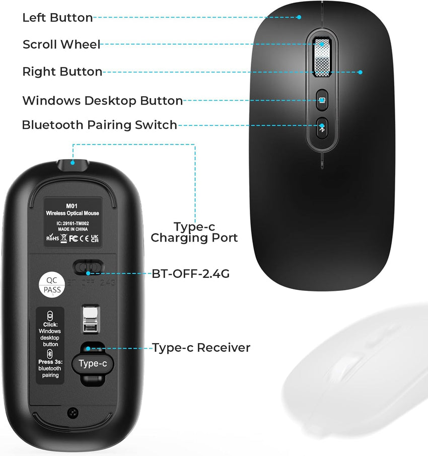 USB C Wireless Mouse Rechargeable Dual-Mode for MacBook Air/Pro â Slim Portable