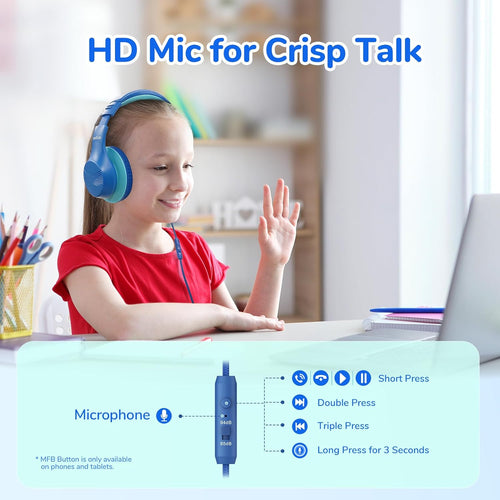 EarFun Kids Headphones Wired, Over Ear Foldable Headphones with Microphones, 85/94dBA Safe Volume Limit, HD Stereo Sound, 3.5mm Jack, Children Headphone for School/Travel/Boys/Teen/Tablet/Pad, Blue