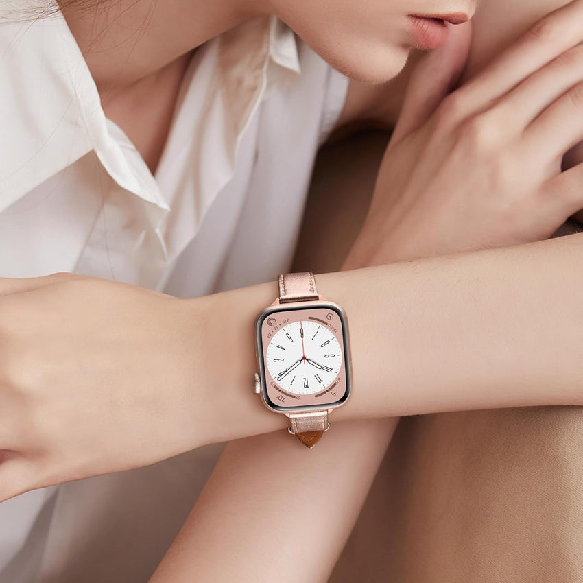 Tuocal Genuine Leather Strap Compatible with Apple Watch Strap 38mm 40mm 41mm 42mm(Series 10) for Women Men, Slim Thin Elegant Narrow Wristband for iWatch Series 10 9 8 7 6 5 4 3 2 1