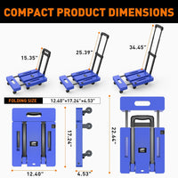 Ronlap Folding Hand Truck, 6 Wheels Fold Up Hand Cart with 2 Elastic Ropes, Portable 225KG Capacity Heavy Duty Luggage Cart, Utility Dolly Platform Cart for Car House Office Luggage Moving, Blue