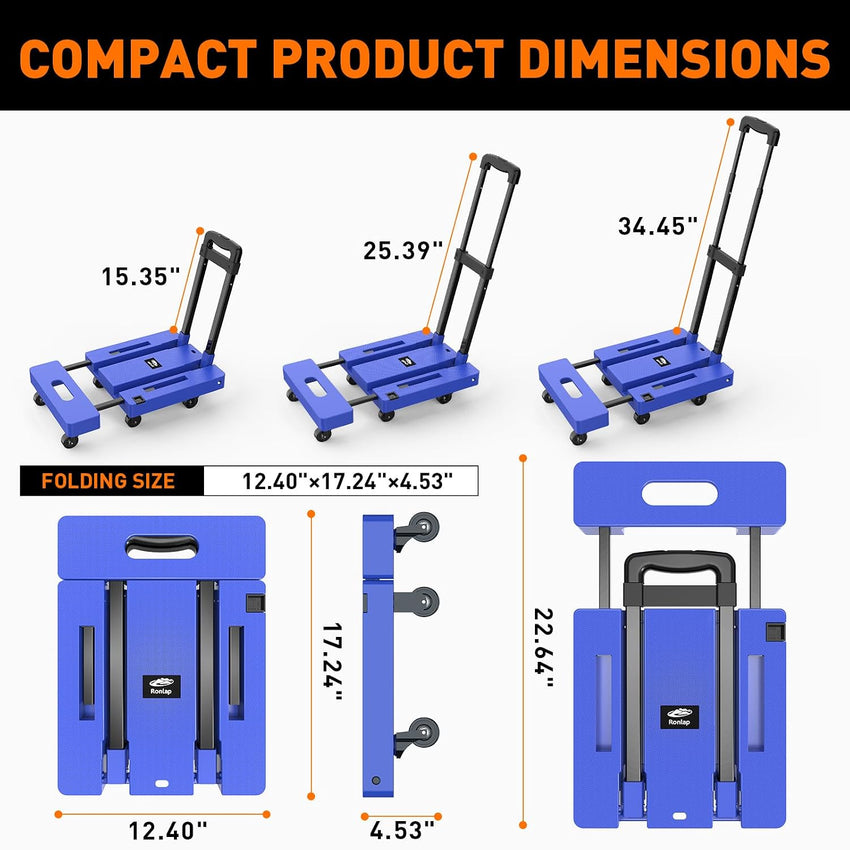 Ronlap Folding Hand Truck, 6 Wheels Fold Up Hand Cart with 2 Elastic Ropes, Portable 225KG Capacity Heavy Duty Luggage Cart, Utility Dolly Platform Cart for Car House Office Luggage Moving, Blue