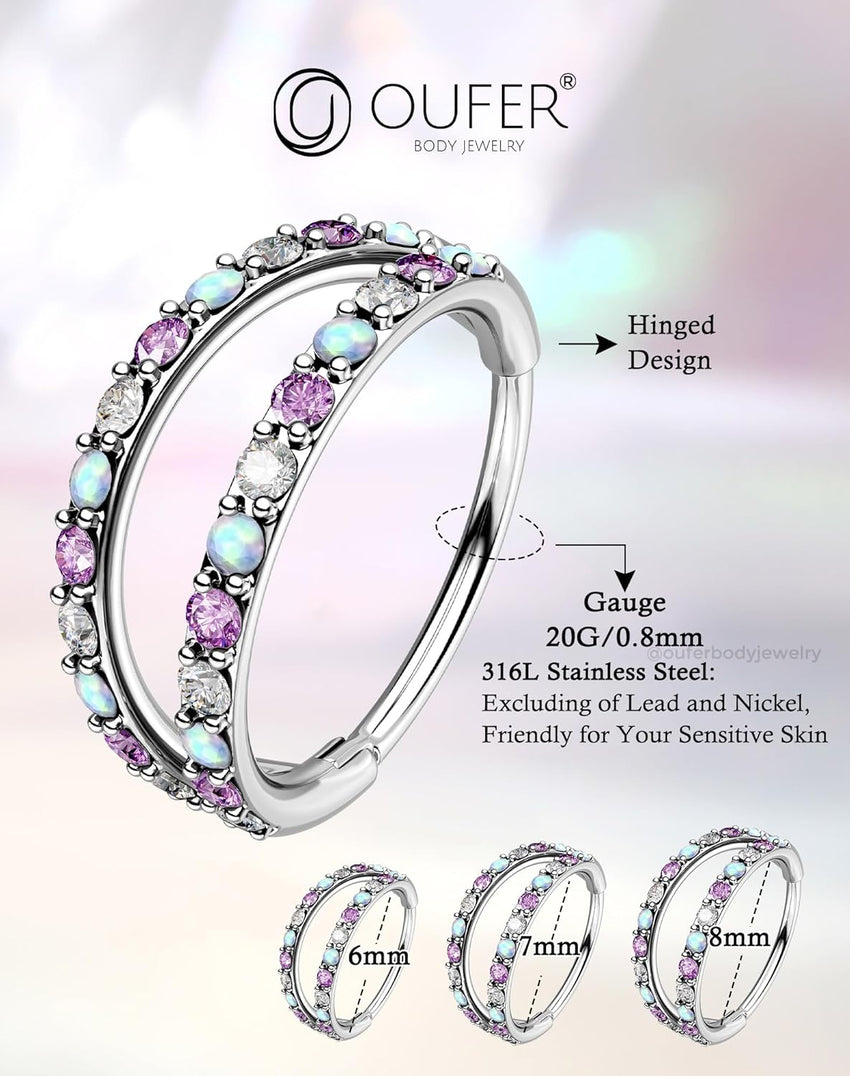 20G Nose Ring Hoops, Double Line CZ Opal Helix & Tragus Earrings â Silver