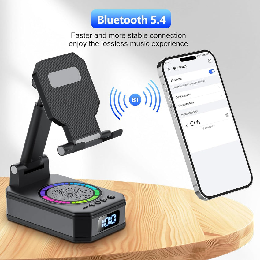 Phone Stand with Bluetooth Speaker 4-in-1 Wireless Charger Foldable RGB Lights