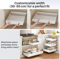 SAYZH Pull Out Cabinet Organiser, Extendable Pull Out Storage, Adjustable Slide Out Drawer Storage Shelves for Kitchen Cupboard with Adhesive Film (30-50 CM W x 43 CM D x 6 CM H)