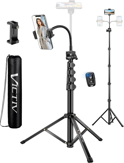 Victiv 77.5" Tall Tripod for Smartphone, Overhead Phone Tripod Stand with Flexible Gooseneck Compatible with iPhone 17/16/15/14/13/12, Portable Aluminum Selfie Stick Camera Tripod for Travel Vlogging