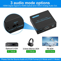 HDMI Audio Extractor HDMI to Optical & 3.5mm Stereo Converter 4K@30Hz Black