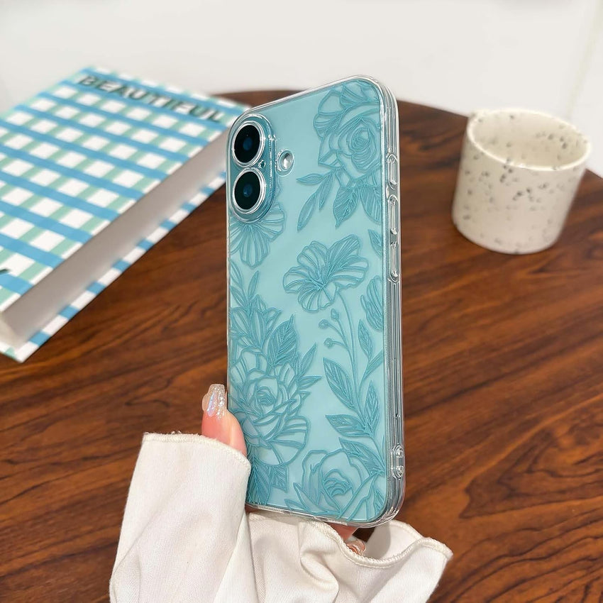 NITITOP Compatible with iPhone 16 Plus Case Cute Clear Green Flower Floral Line Design for Women Girls Transparent Full Camera Slim Soft TPU Shockproof Protective Phone Cover - Green