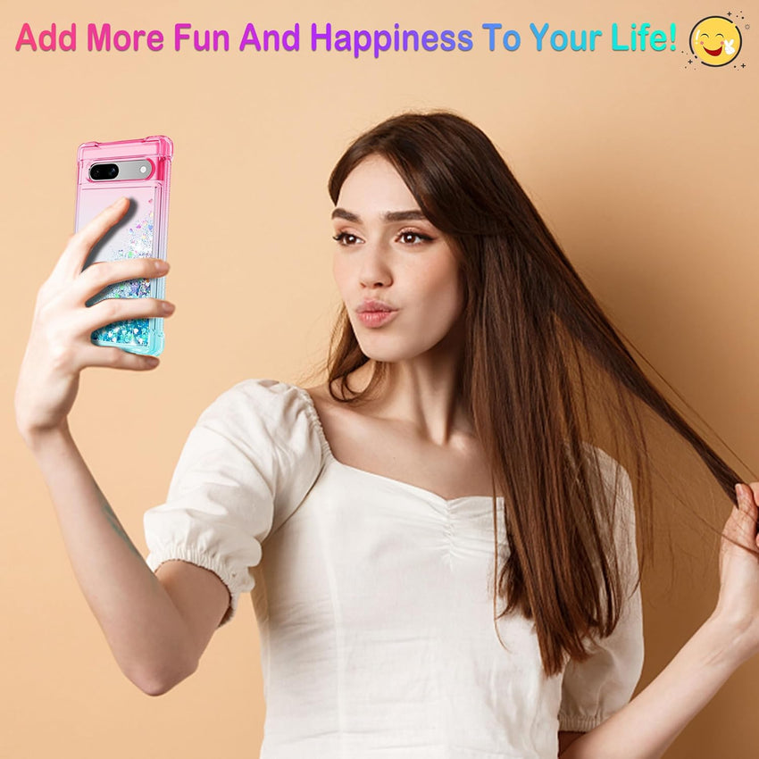 Pilaru for Google Pixel 7a Case [with Screen Protector] Clear Liquid Heart Glitter Soft TPU Bumper Cover Holographic Heart Girly Woman Protective Phone Case for Google Pixel 7a,Pink/Teal