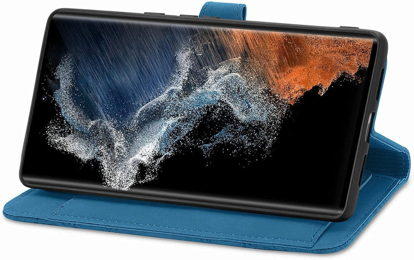 NEXCURIO Zip Wallet Case Compatible with Samsung Galaxy S23 Ultra 5G Phone Case Wallet with Credit Card Holder Strap Stand Women Leather Flip Case Floral Folding Cover Shockproof - Blue