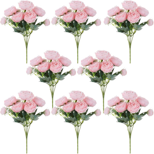 Artificial Peony Bouquet 5-Head Faux Silk Flowers 8 Bundles for Decoration
