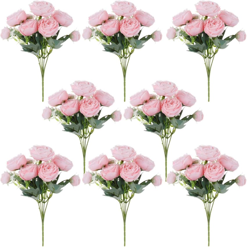 Artificial Peony Bouquet 5-Head Faux Silk Flowers 8 Bundles for Decoration
