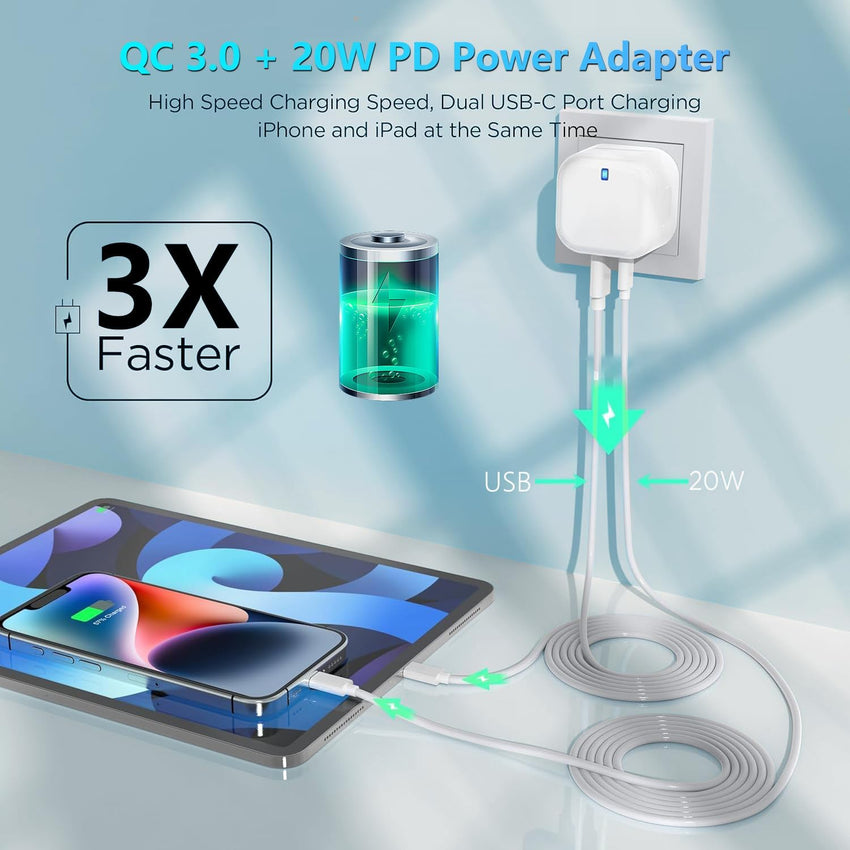 USB C Plug, 20W Power Adapter USB C Fast Charger UK iPhone Plug Dual Port USB+Type-C Charging Wall Plug Fast Charge for iPhone 15/15 Plus/15 Pro/15 Pro Max/14/13/12/11, iPad Pro/Air, Galaxy S24/S23