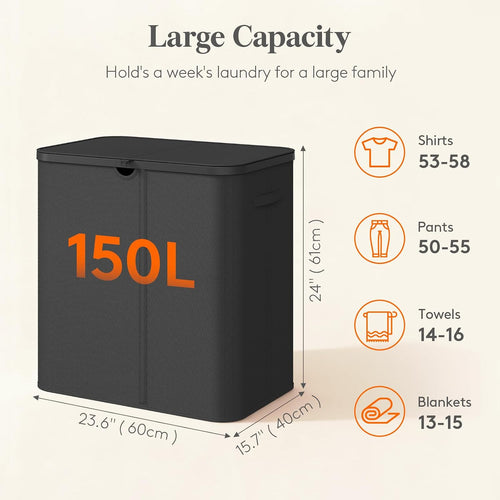 150L Laundry Basket with Lid 3-Section Foldable Dirty Clothes Organiser Black