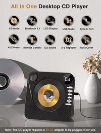 Portable CD Player with Bluetooth 5.0, Greadio Desktop CD Players for Home, CD Music Player with Speakers, Remote Control, Dust Cover, FM Radio, LCD Display, AUX, USB, Headphone Jack