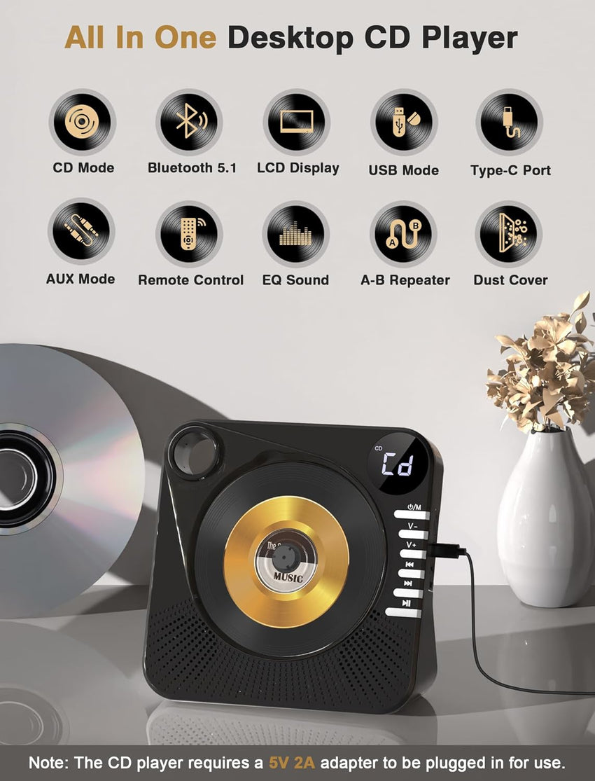 Portable CD Player with Bluetooth 5.0, Greadio Desktop CD Players for Home, CD Music Player with Speakers, Remote Control, Dust Cover, FM Radio, LCD Display, AUX, USB, Headphone Jack