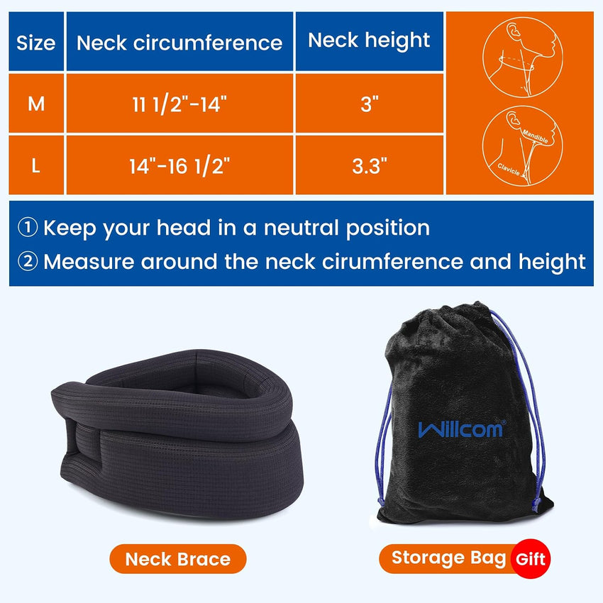 Willcom Neck Support Collar-Foam Cervical Collar, Soft Neck Brace for Pain, Torticollis, Cervicorrect and Posture Corrector- Can Be Used During Sleep, Travel and Rest (Black, Large, 14-16.5 Inch)