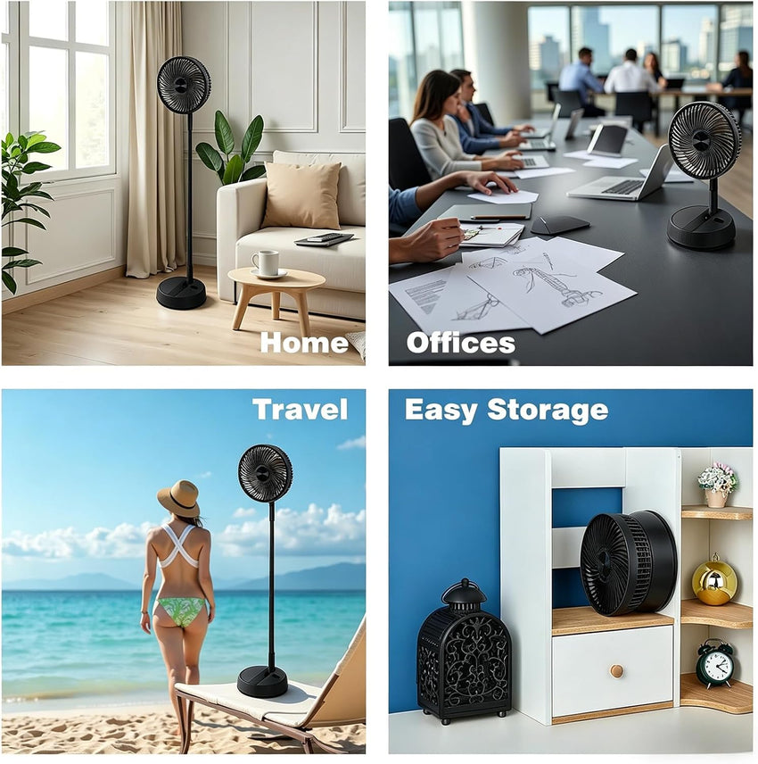 Portable Oscillating Pedestal Fan 8" Foldable 7200mAh Rechargeable 4 Speeds Remote â White