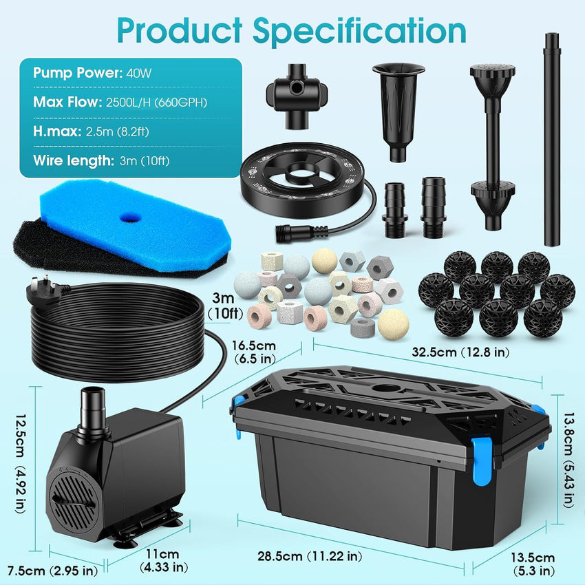 Pond Filter Pump & RGB Fountain Kit 2500 L/h Adjustable Flow 2500 L/h